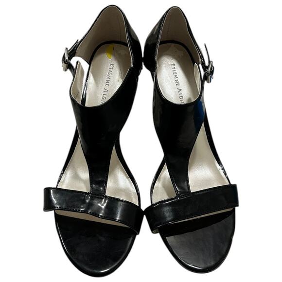Etienne Aigner Opera T-Strap Black Open Toe Sandal Heels Women’s Size 9 - Picture 1 of 7